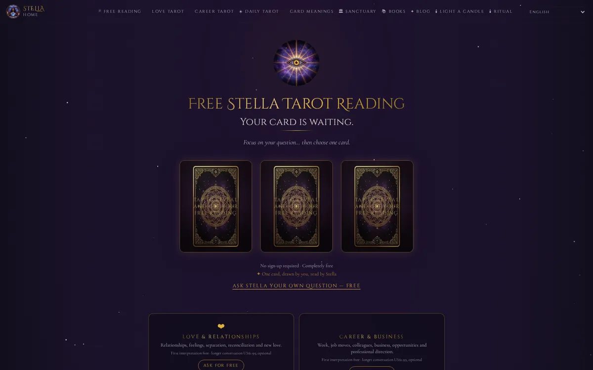 StellaTarot.com homepage showing its personalised tarot reading experience