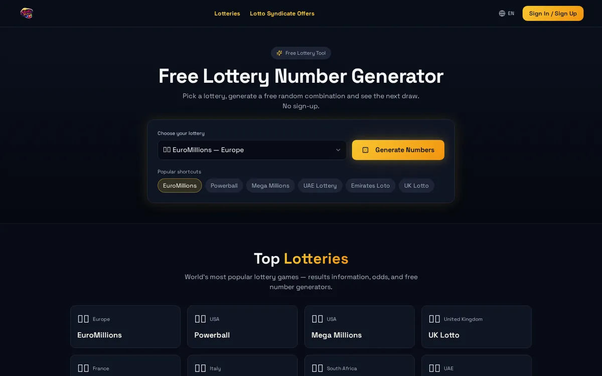 StellaLotto.com homepage showing its lottery number generator
