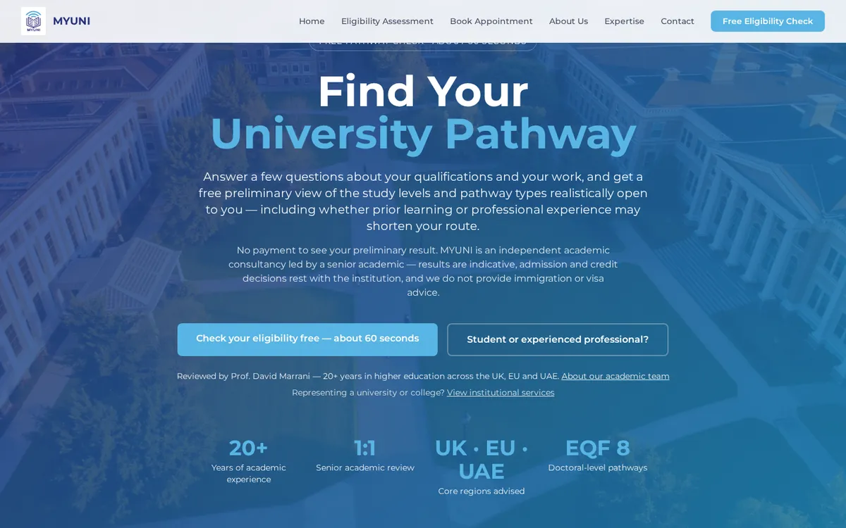MyUni.online homepage showing its university pathway assessment platform