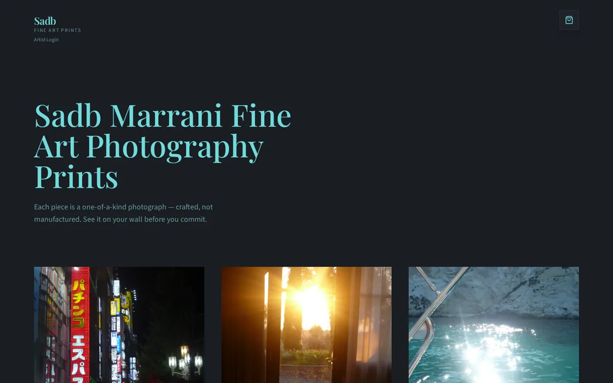 SadbMarrani.com homepage showing fine-art photography and digital prints