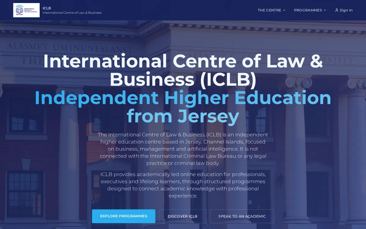 ICLB.eu homepage for the International Centre of Law and Business